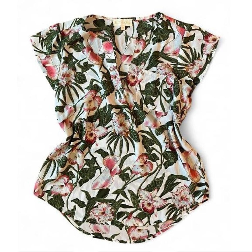 Floral V-Neck Cap Sleeve Top, Tropical Shirt, Hawaiian Shirt XS Small LIKE NEW